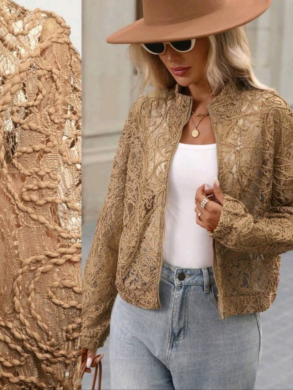 Women's Lace Overlay Zip-Up Jacket - Camel - Picture 2 of 9